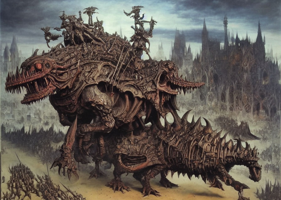 Multi-headed creature with armored warriors in desolate landscape.