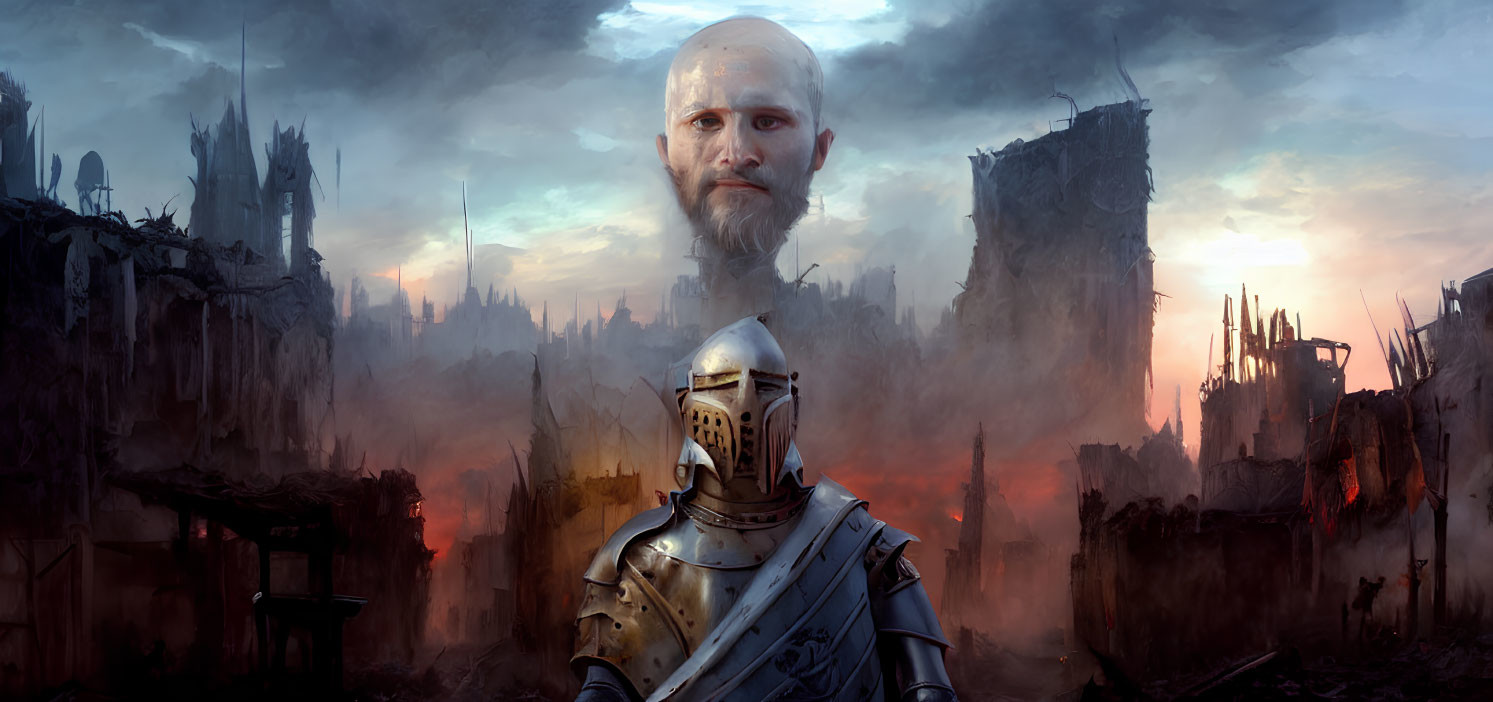 Bearded man in medieval armor against dystopian ruins