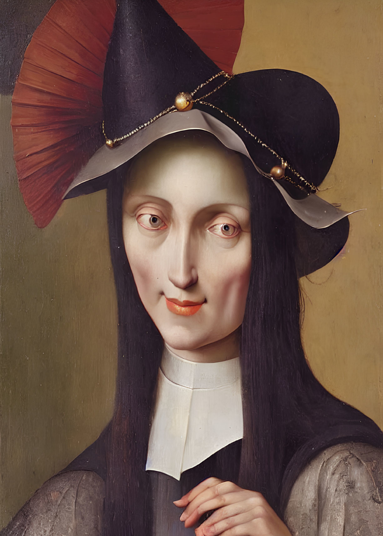 Woman with Pale Complexion in Black Hat with Gold Details and White Collar