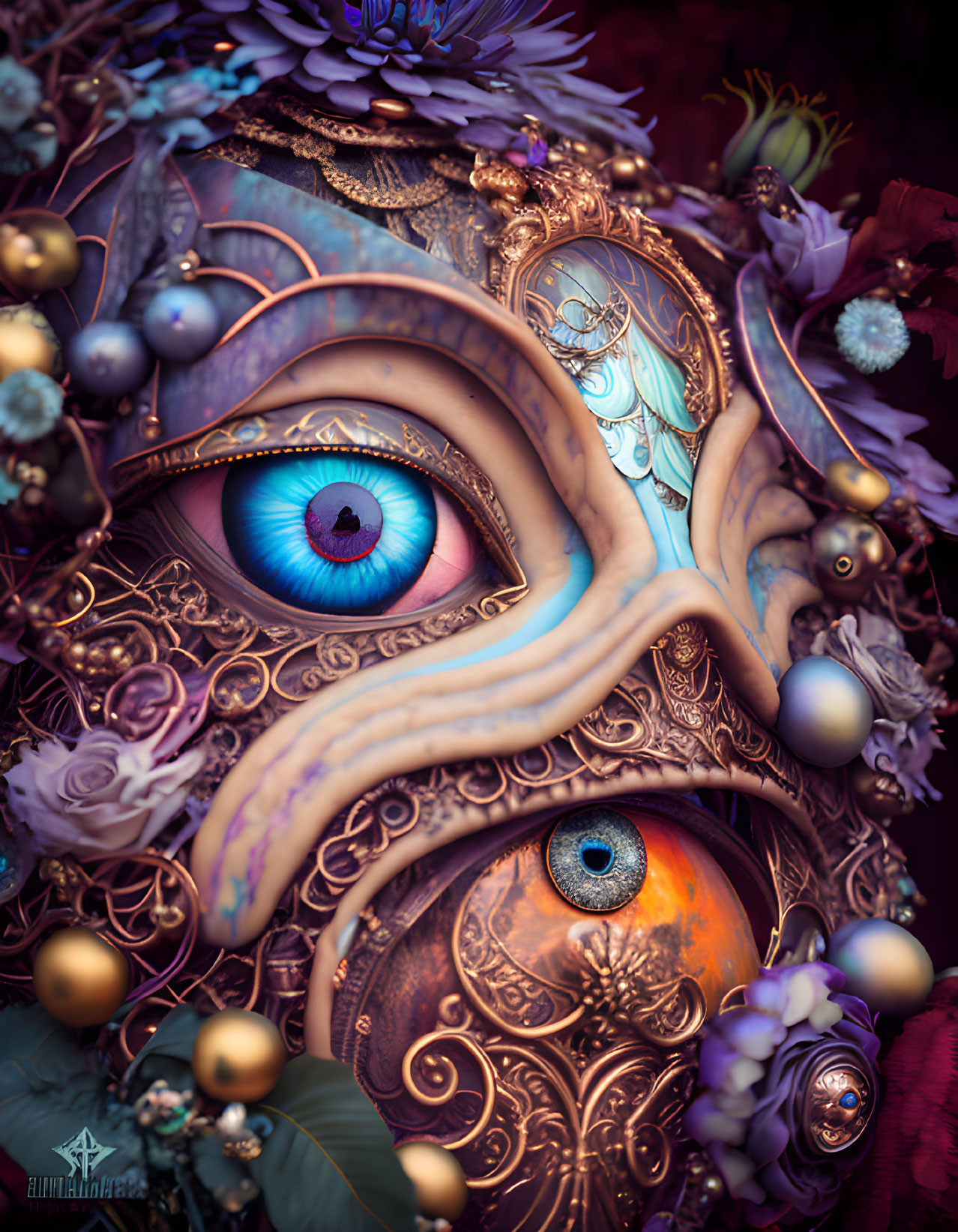 Intricate surreal mask with multiple eyes and floral motifs