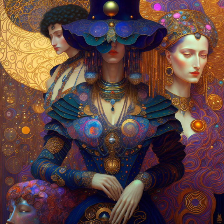 Fantastical digital painting of three women in elaborate costumes