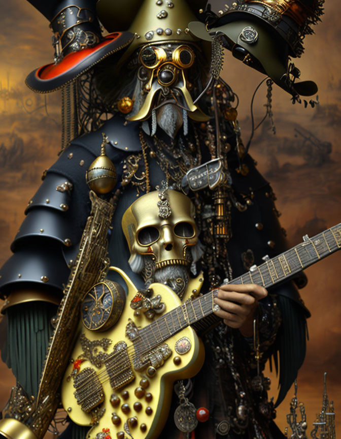 Skull-masked figure playing guitar in steampunk style