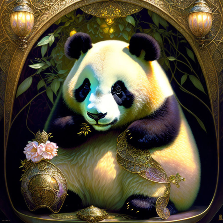 Stylized panda illustration with golden details and lanterns on dark background