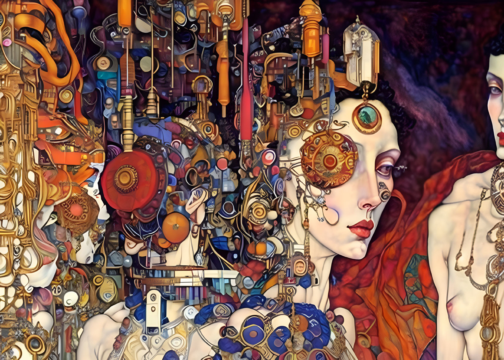 Colorful Steampunk Art with Mechanical and Human Figures