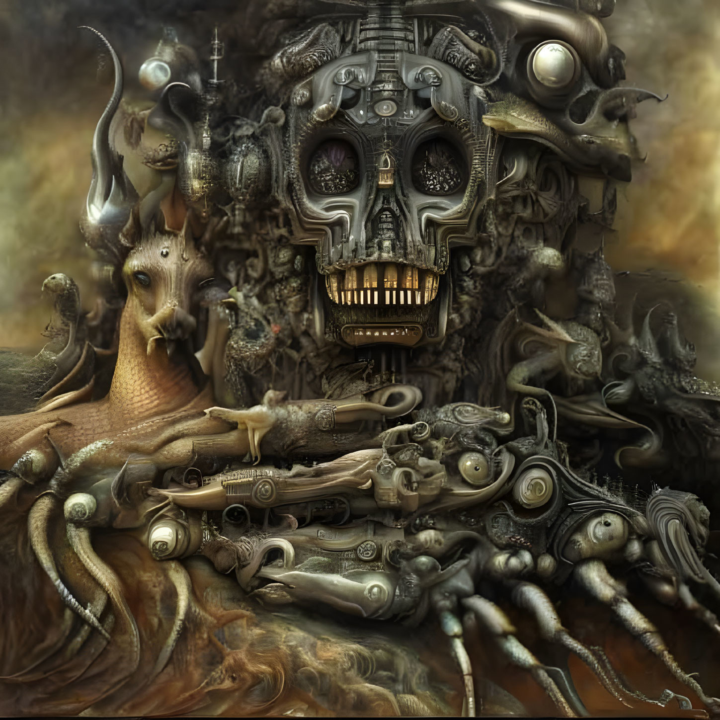 Surreal mechanical skull with machinery and organic shapes, giraffe-like creature in dystopian setting