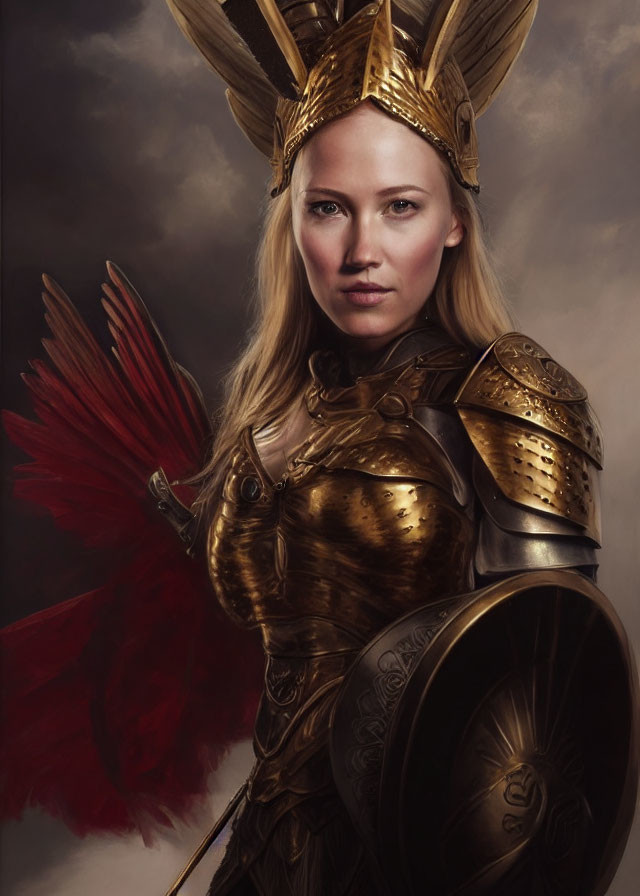 Regal woman in golden armor with winged helmet and shield