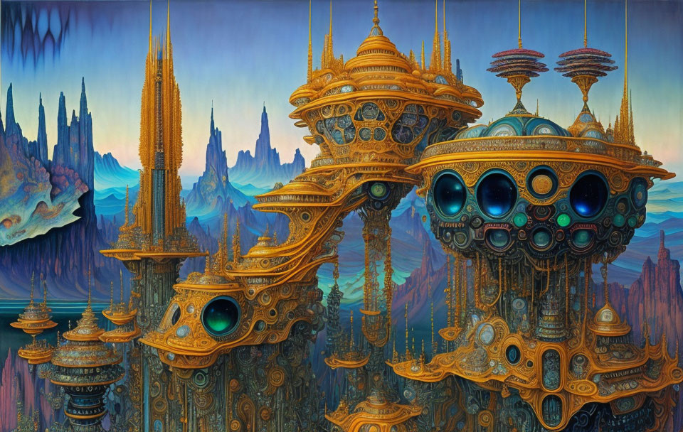 Fantastical landscape with ornate floating architecture and spiky mountains.