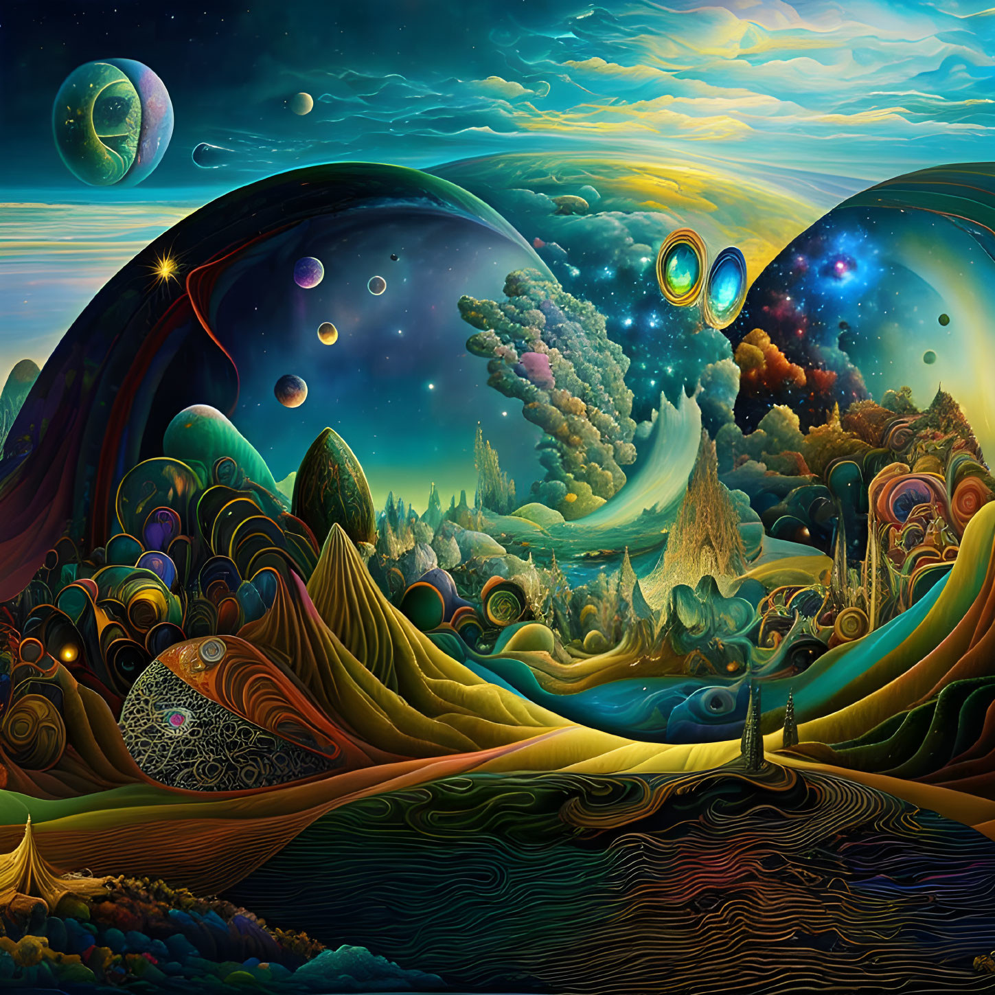 Colorful surreal landscape with patterned hills, forest, and celestial bodies.