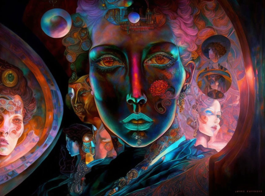 Vibrant surreal artwork: multi-faced woman with cosmic elements