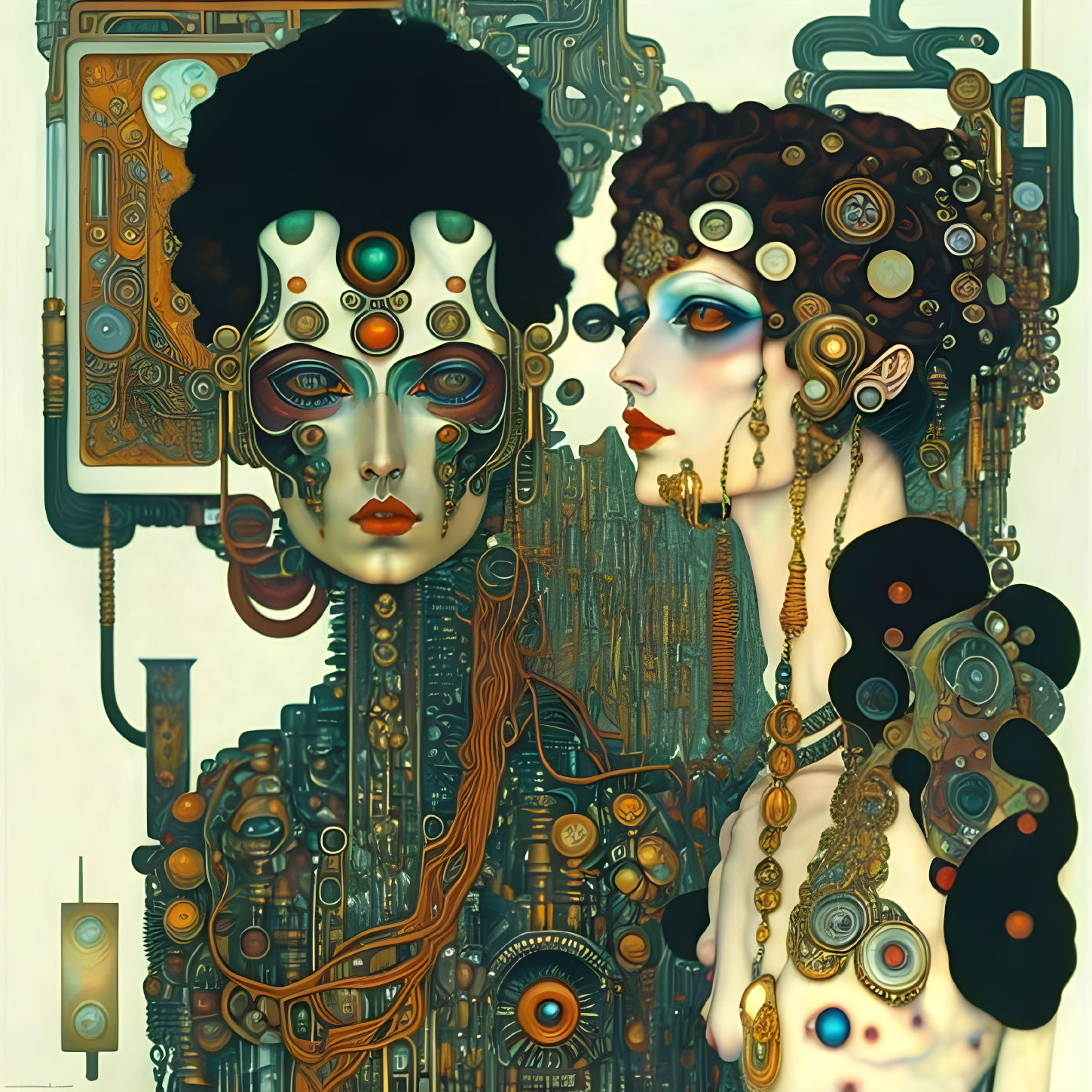 Surreal Artwork Featuring Stylized Female Figures and Mechanical Elements