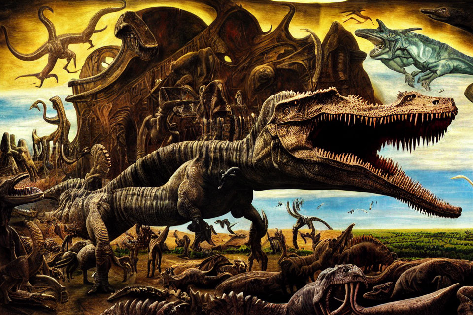 Detailed prehistoric scene with T-Rex, dinosaurs, ruins, and flying reptile