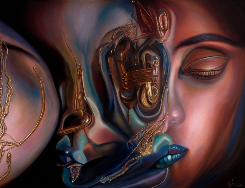 Surreal painting of woman's face with mechanical structure blending human features