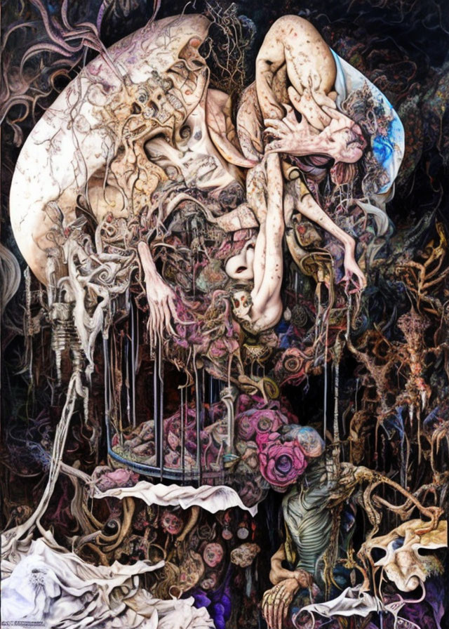 Intricate surreal artwork with entwined bodies and skeletal figures