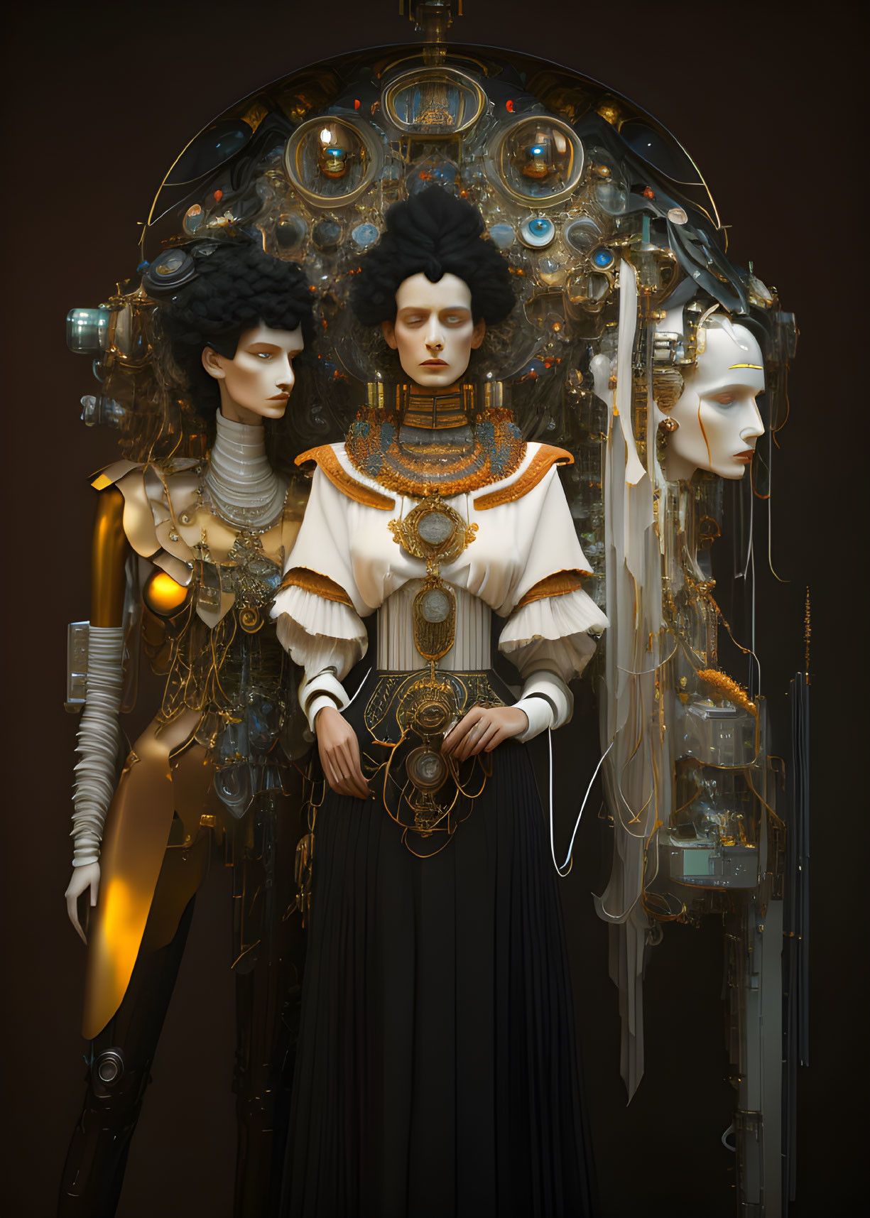 Three ornately adorned futuristic individuals with elaborate headgear and mechanical parts