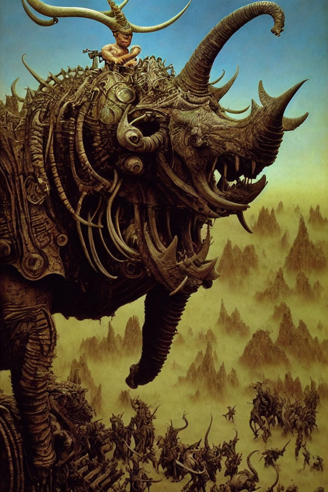 Mechanical beast with horns in forest setting with smaller creatures.