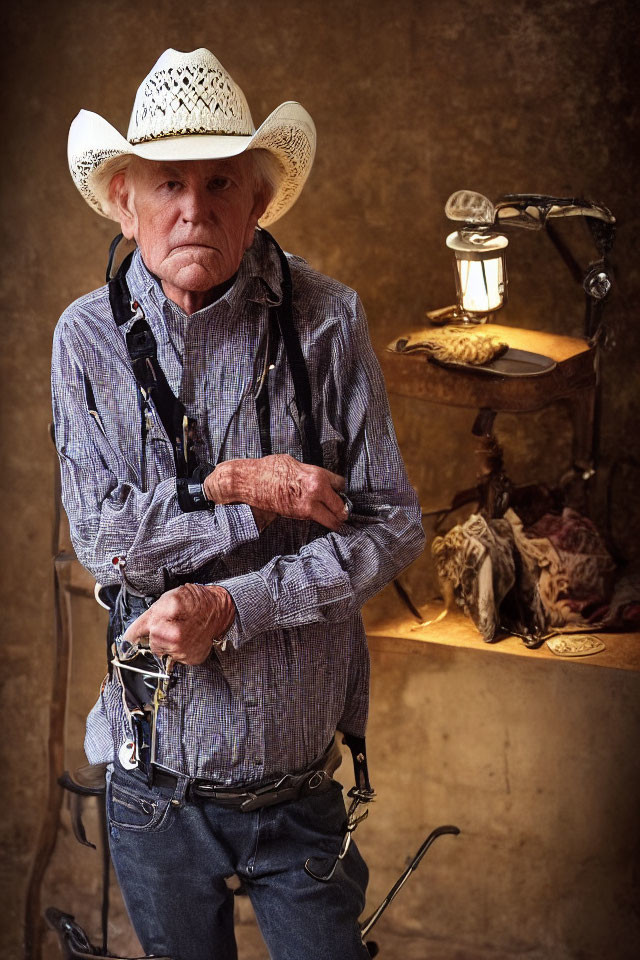 Elderly man in cowboy hat and suspenders against rustic backdrop