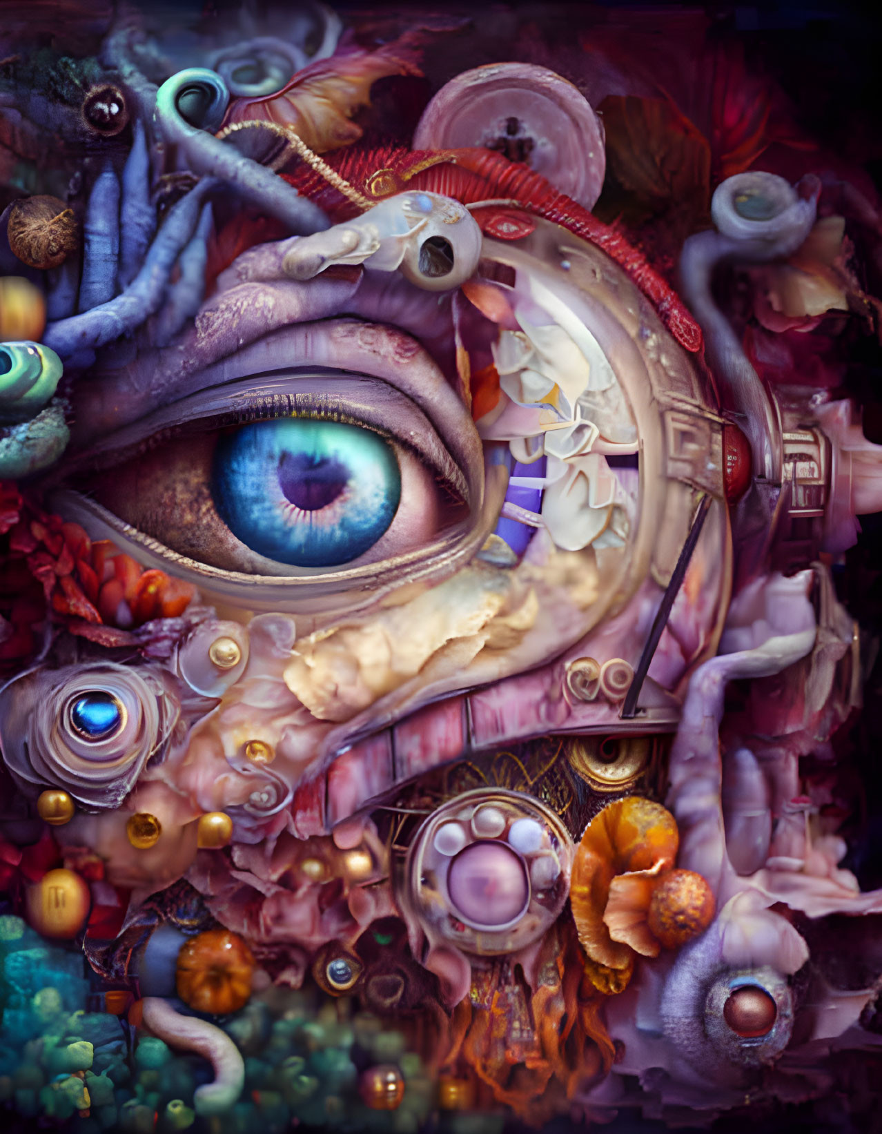 Colorful surreal composition with central eye and abstract elements