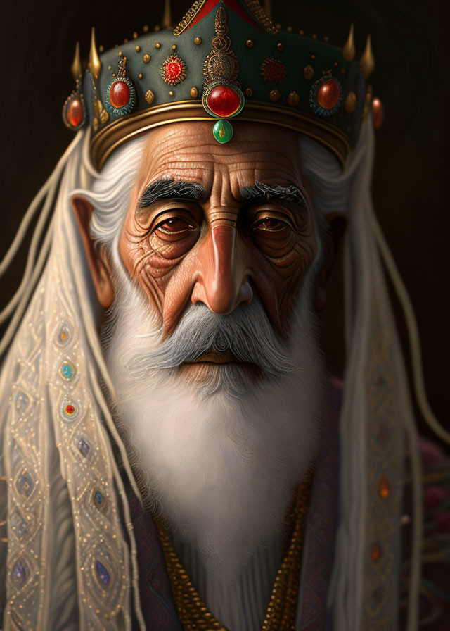 Elderly regal figure with white beard in golden crown and embroidered robe