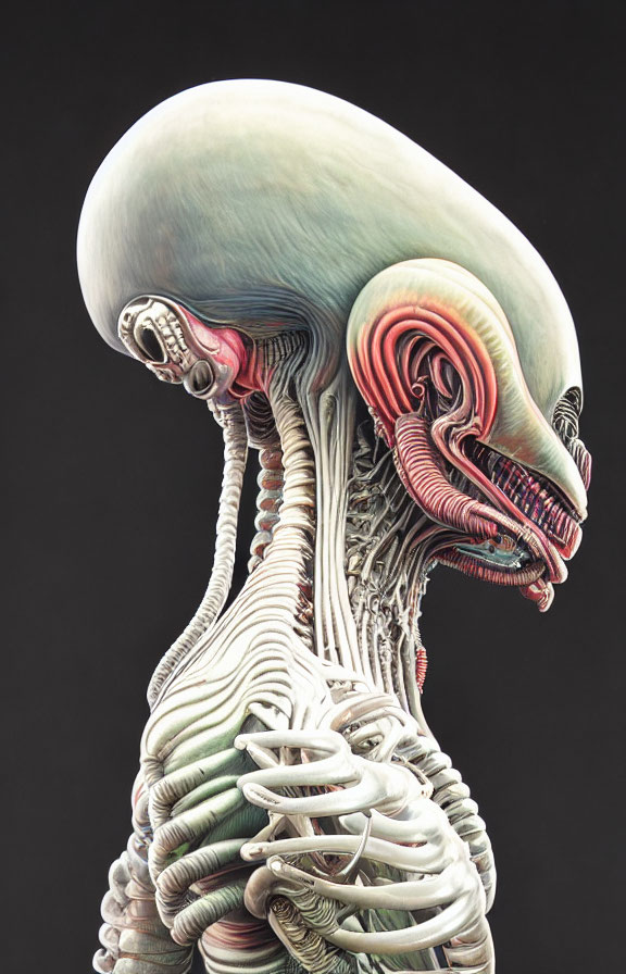 Detailed Alien Creature Illustration with Elongated Skull and Spine-like Structures