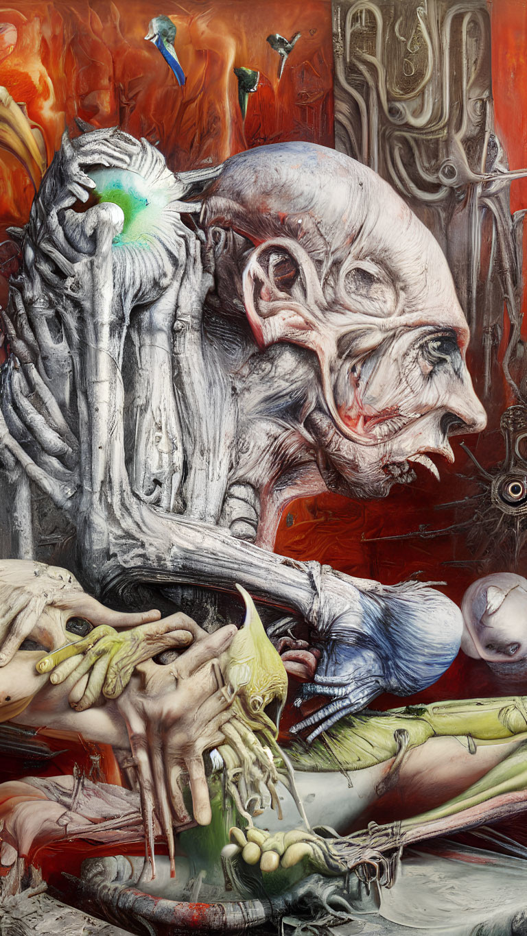 Surreal Artwork: Skull, Skeletal Hand, Human Figures in Red & Earth Tones