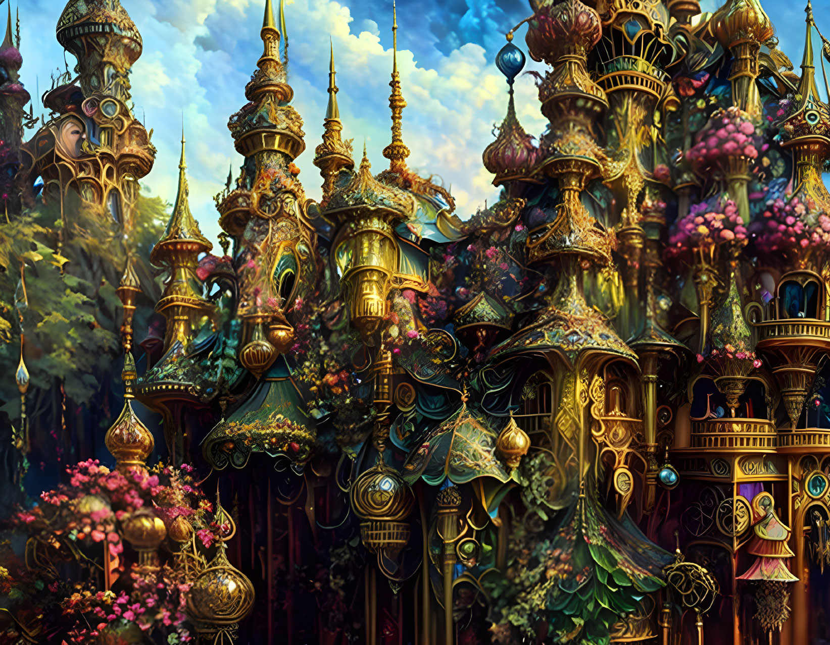 Fantastical cityscape with golden spires and whimsical architecture