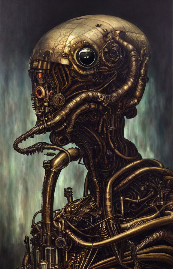 Detailed depiction of humanoid robot with metallic skull and intricate cables