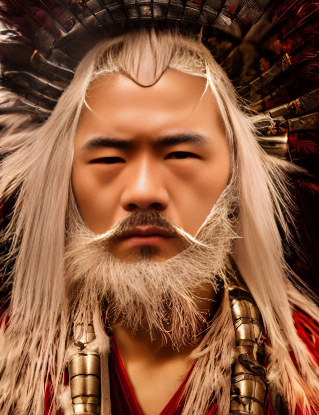 Asian warrior in detailed helmet and white facial hair