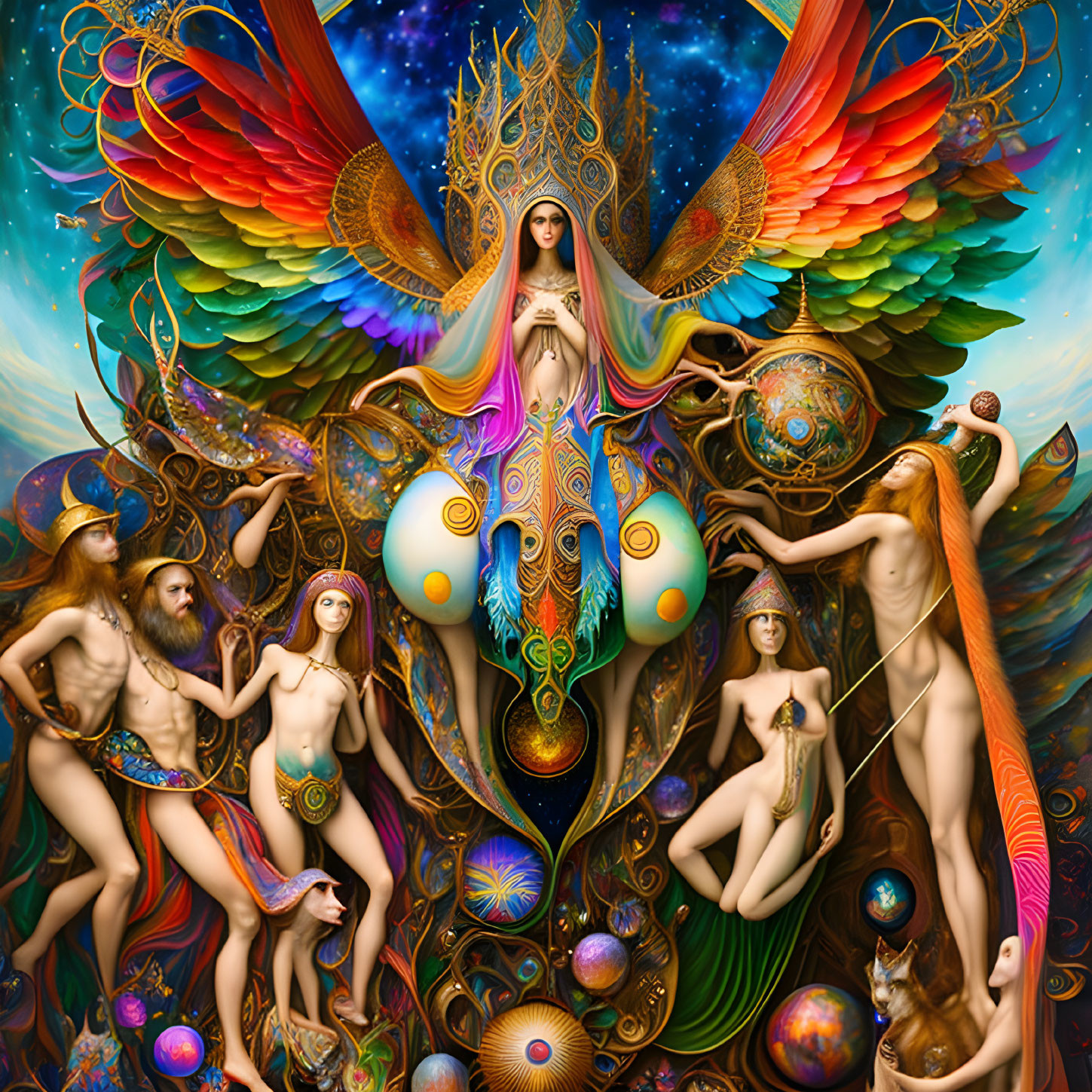 Surreal artwork: Winged female figure with celestial and nature motifs