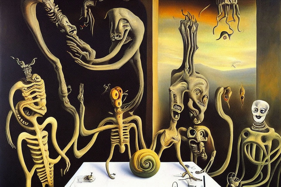 Surreal painting of skeletal figures and distorted creatures in dreamlike landscape