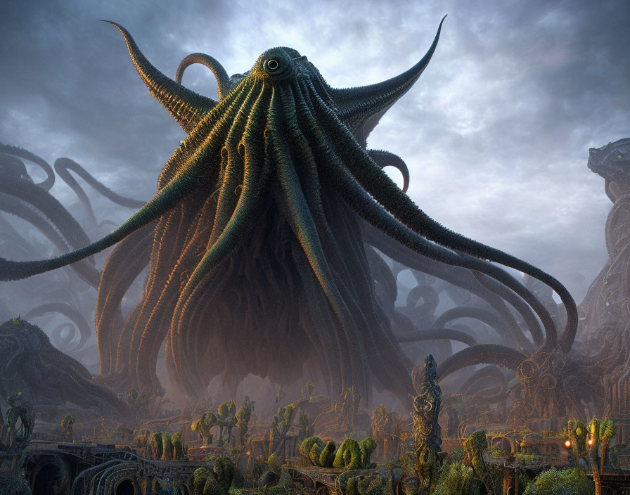 Gigantic octopus-like creature dominates ruined landscape