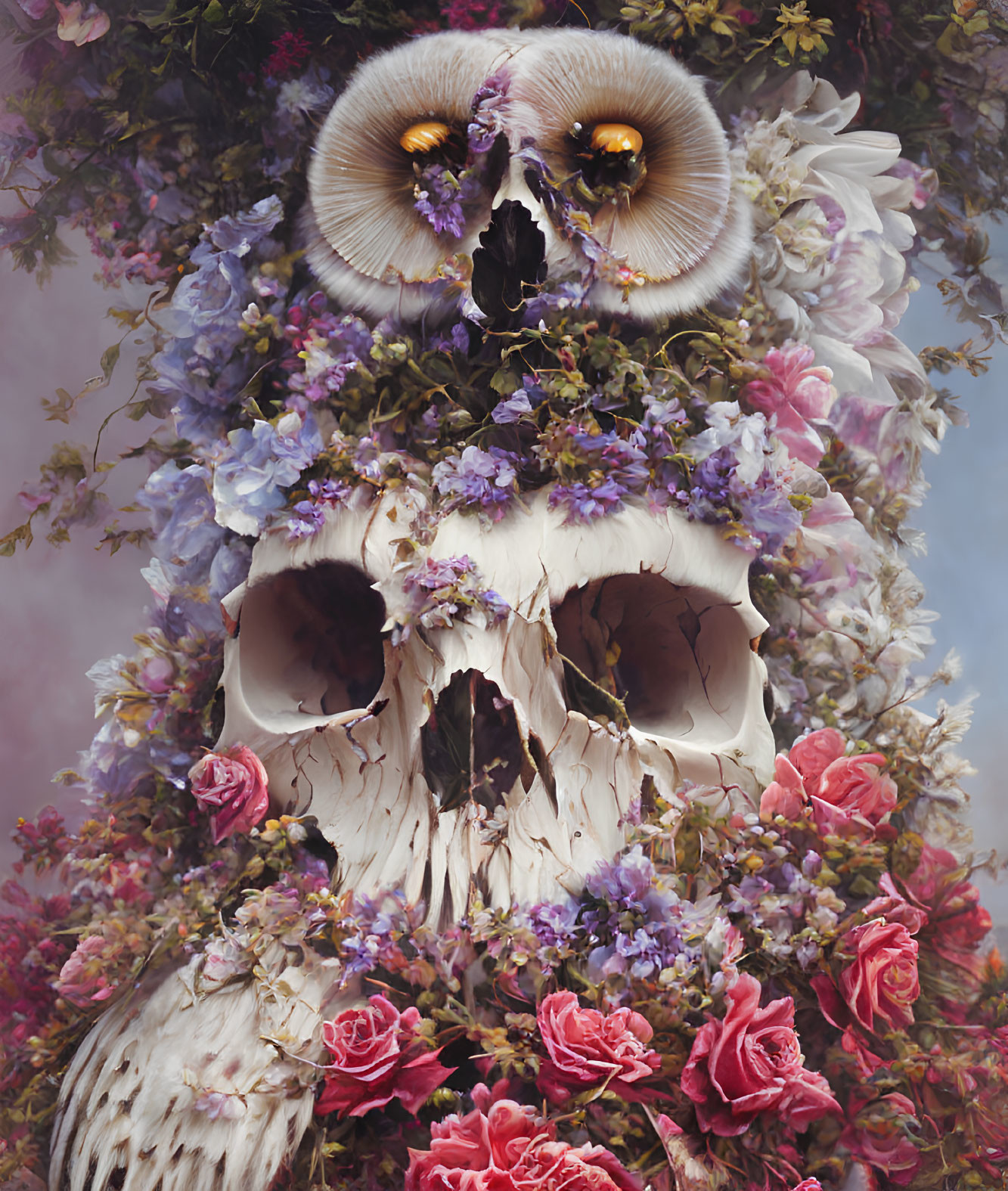 Barn owl on decorated skull with colorful flowers