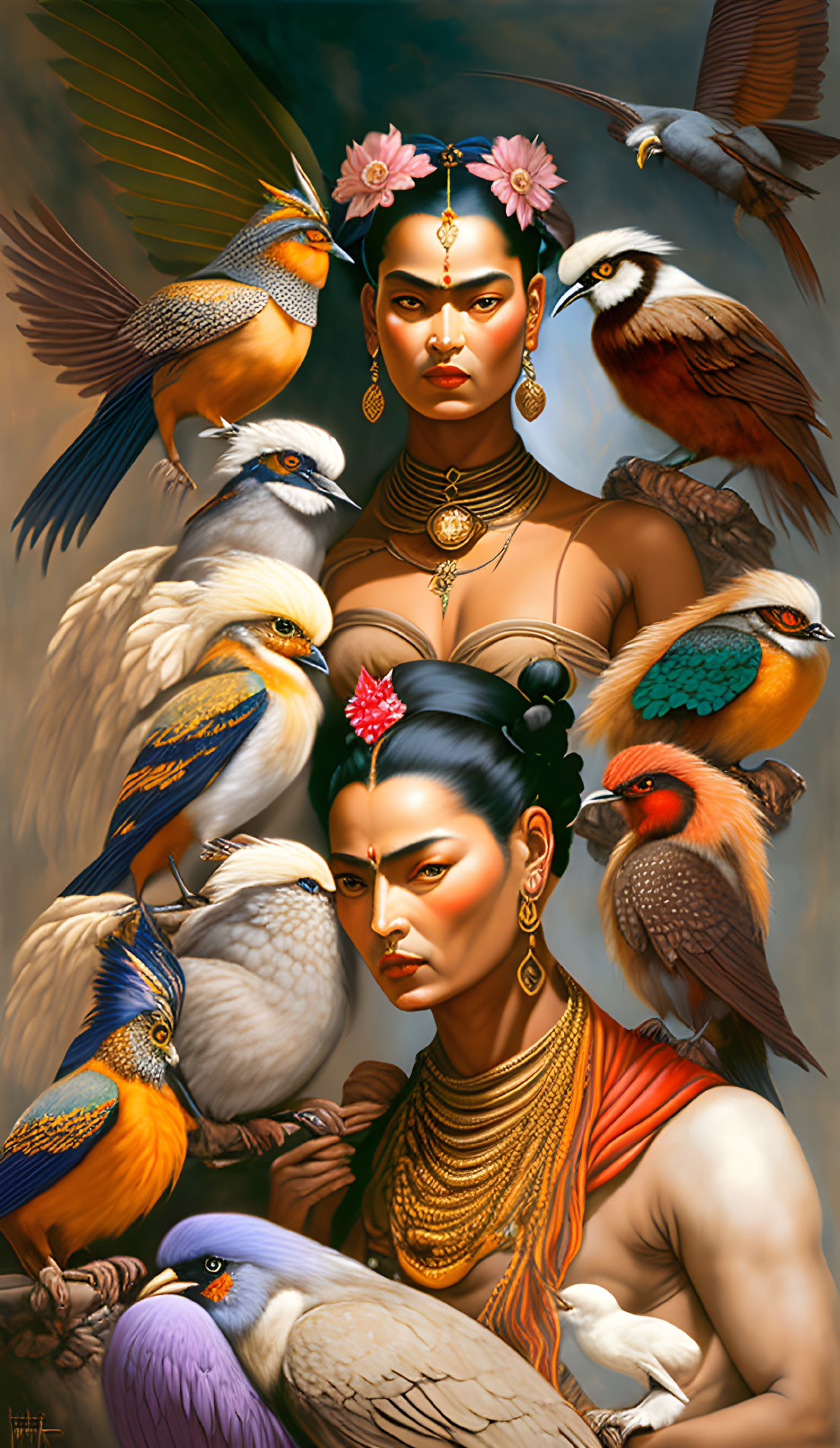 Artwork featuring two women with jewelry, colorful birds, one stern, one gazing down