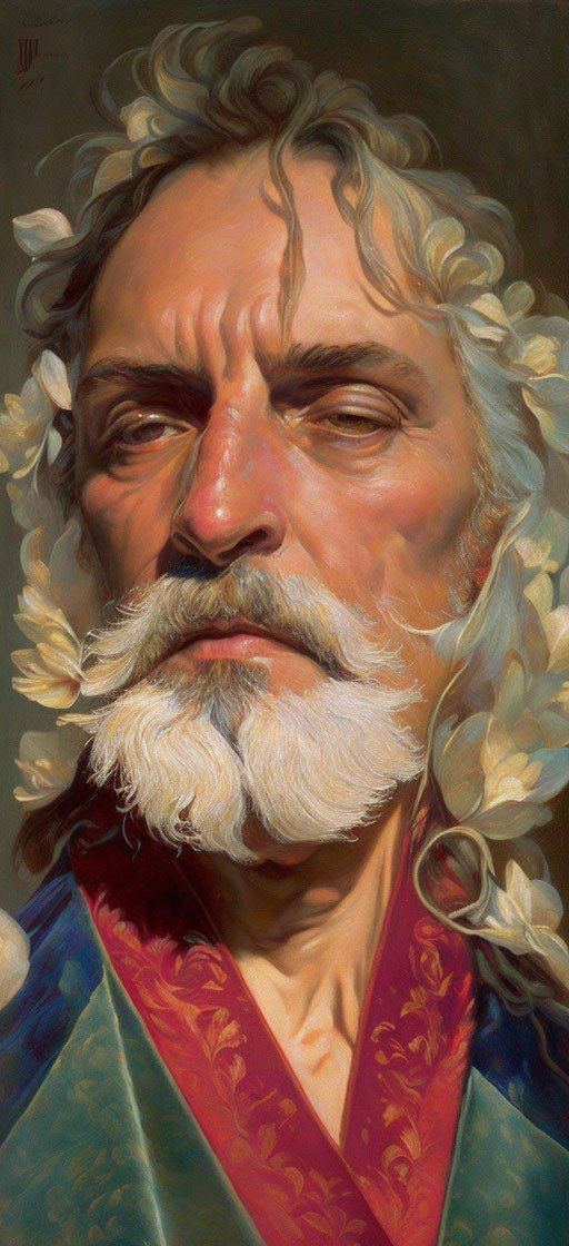 Detailed Digital Portrait of Older Man with White Beard and Floral Robe