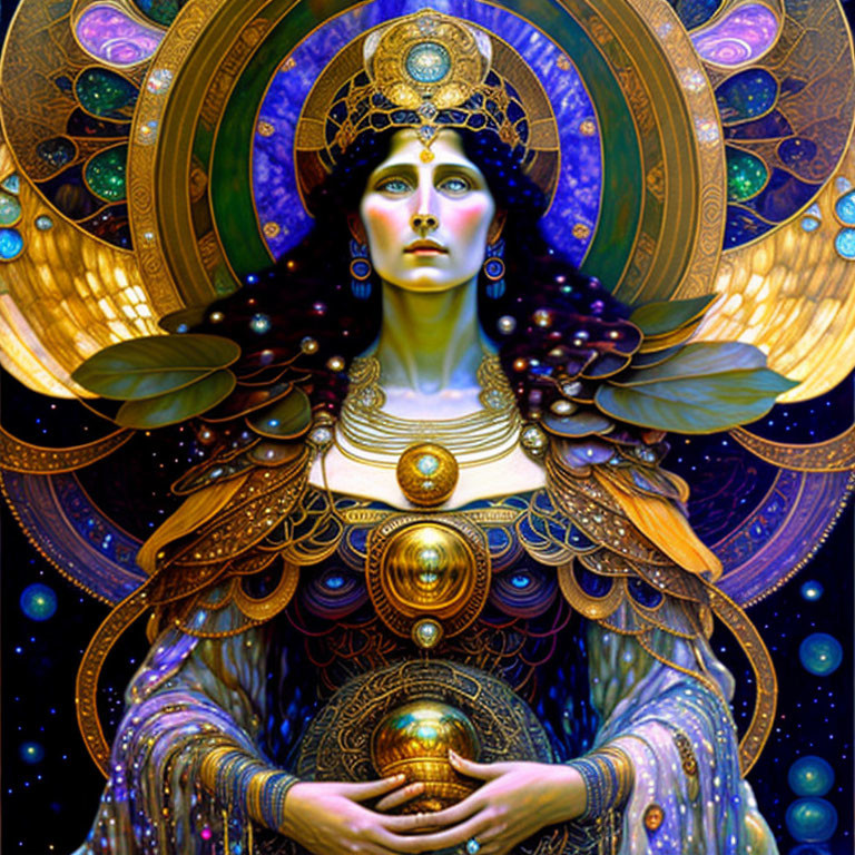 Colorful artwork of woman with golden adornments and celestial motifs