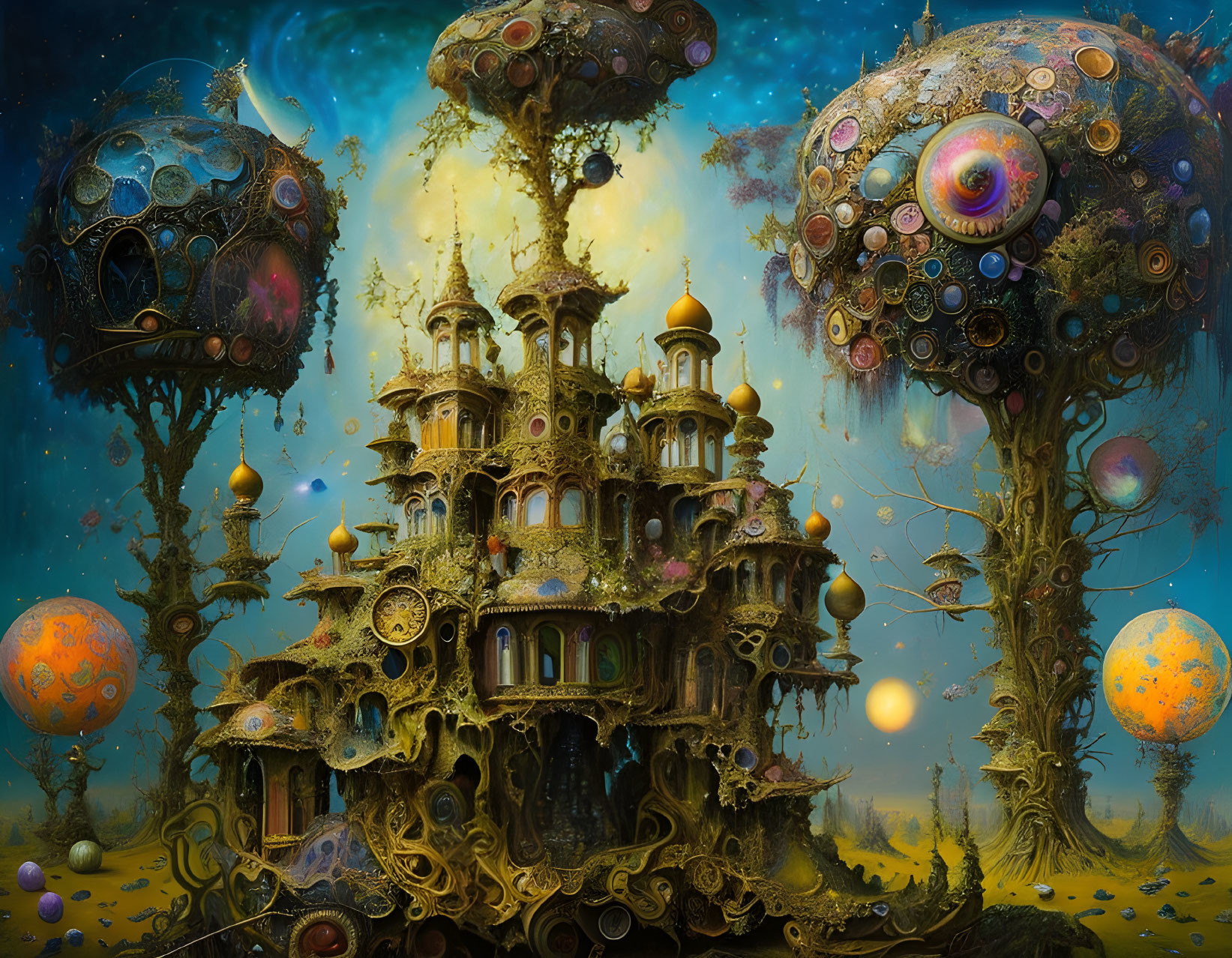 Fantastical landscape with ornate tree-like structures and floating celestial bodies