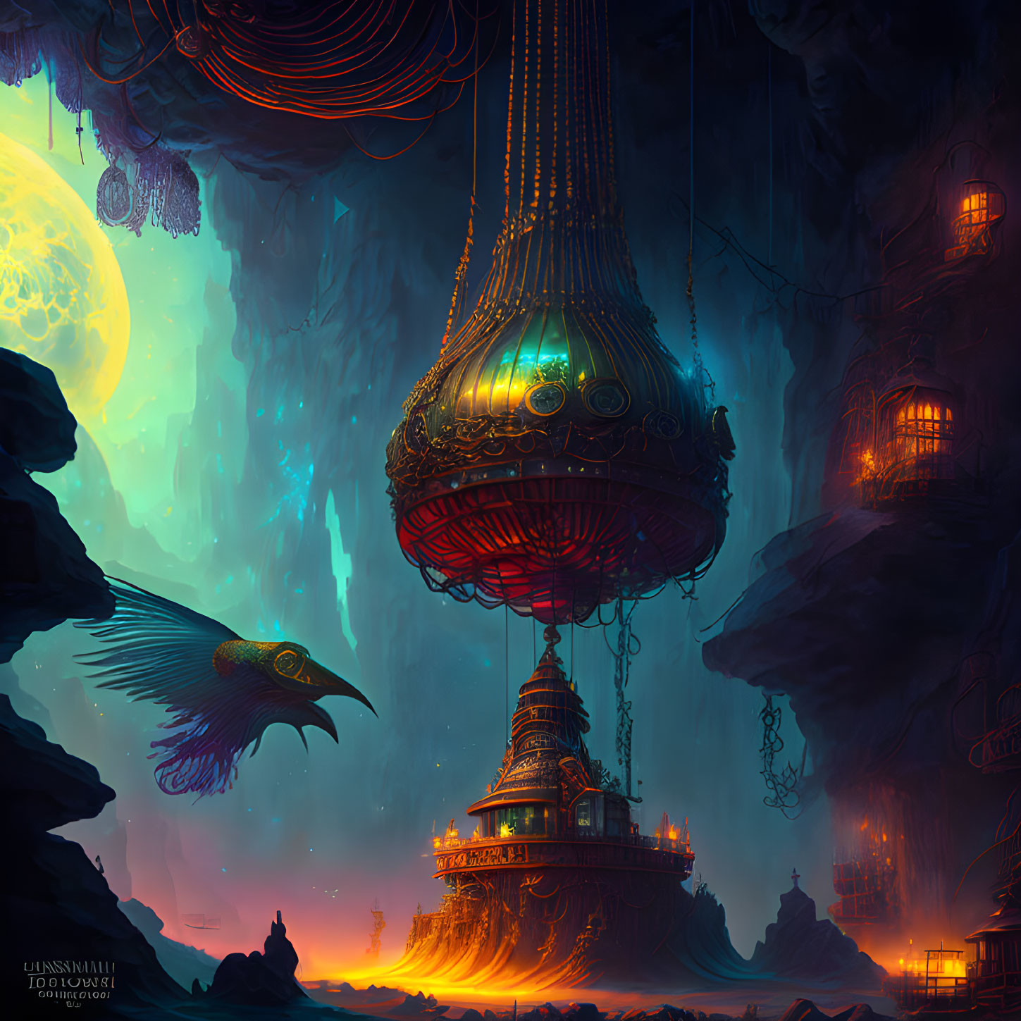 Fantastical floating structure in cavernous environment with bird and celestial bodies