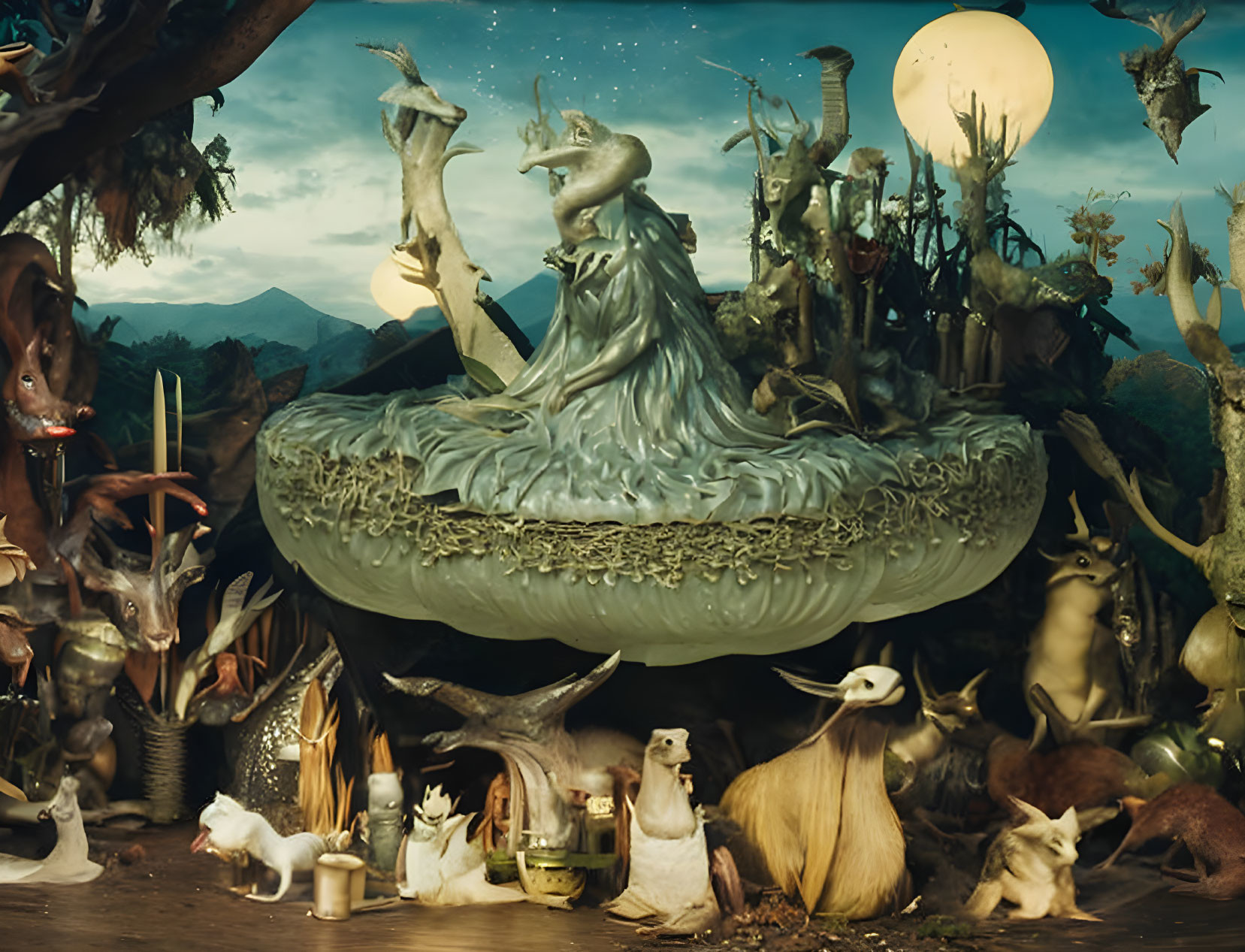 Central Figure on Green Pod Surrounded by Animals in Moonlit Forest