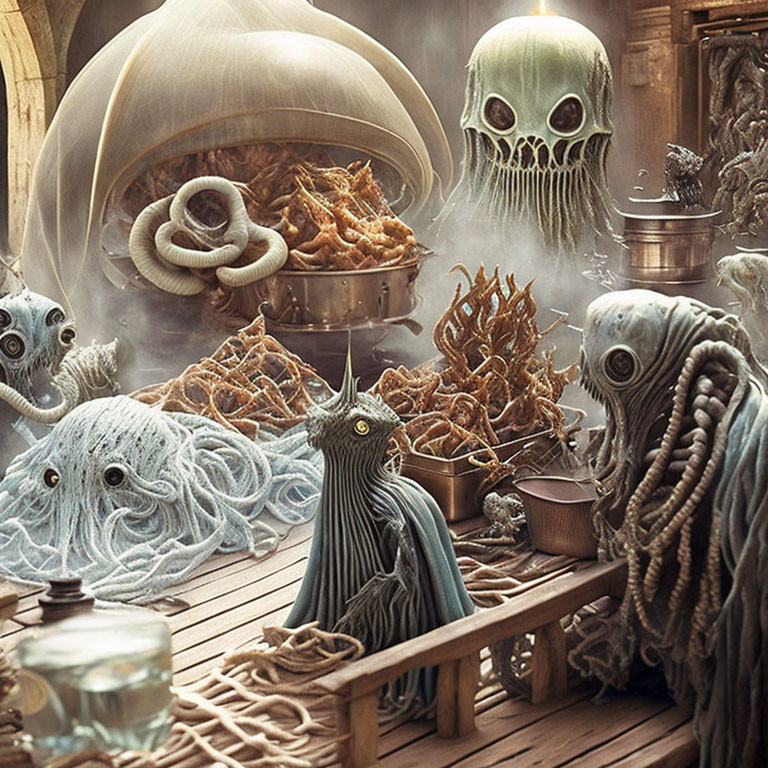 Fantasy illustration: Octopus-like creatures at table with bizarre seafood dishes