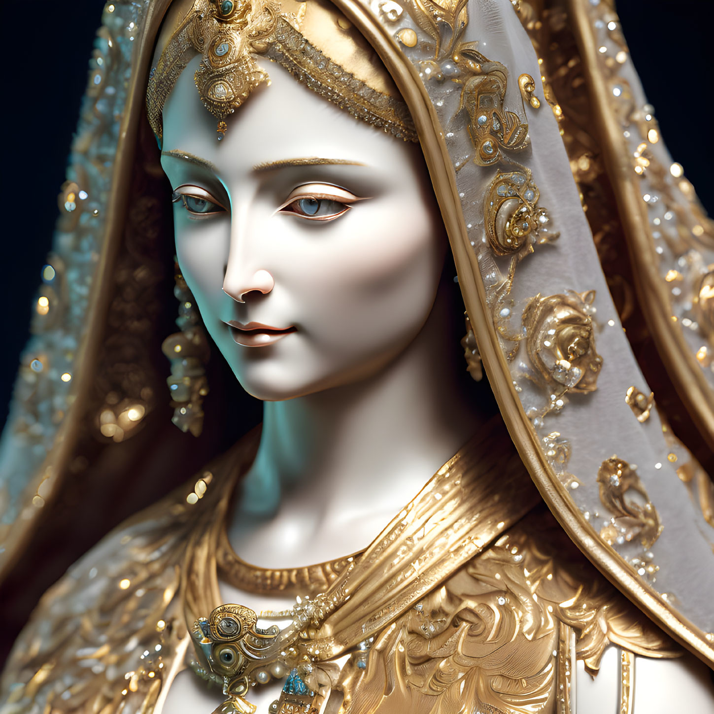 Regal figurine with gold-embellished headdress and ornate jewelry