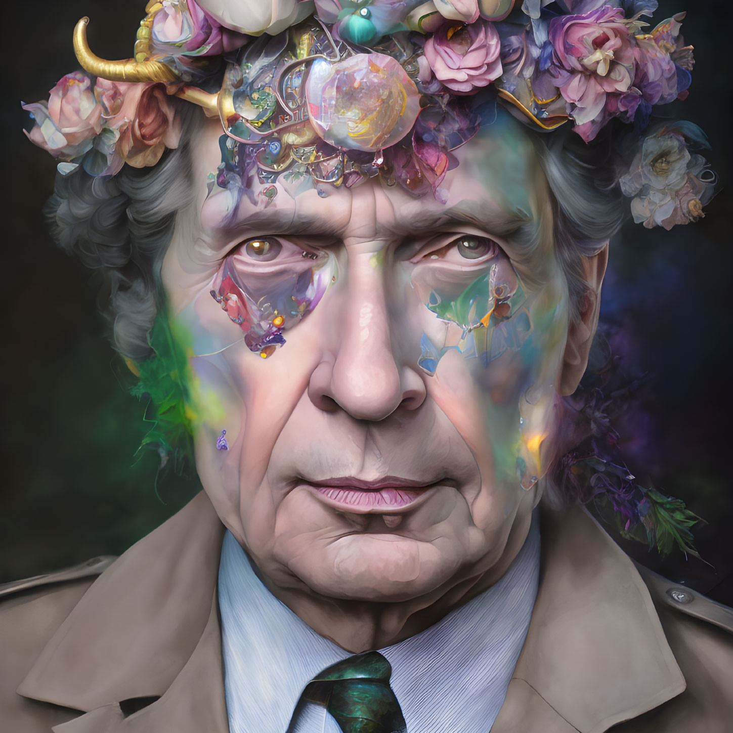 Elder man with floral crown, butterfly face paint, and mystical orb