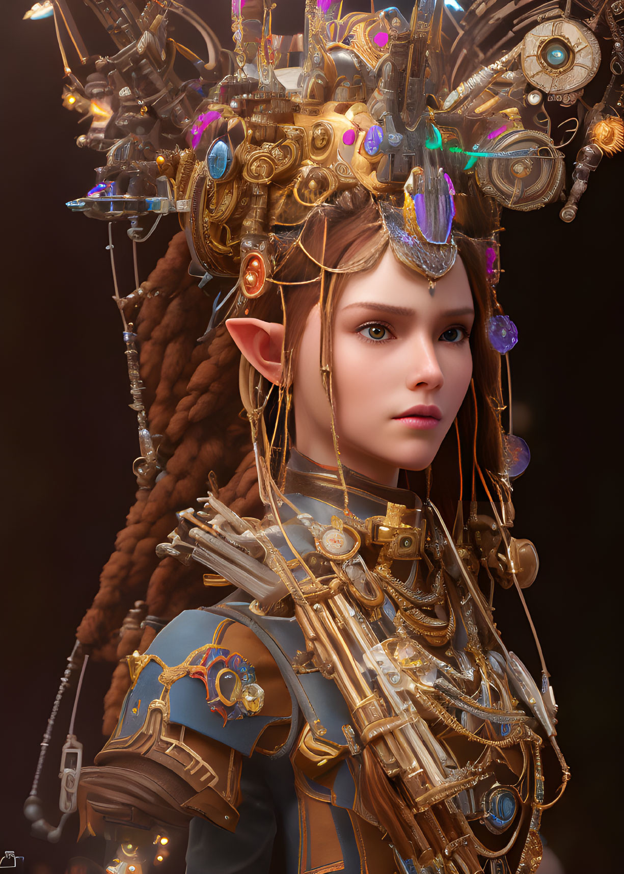 Female character with golden headdress, jewelry, and armor in fantasy steampunk style