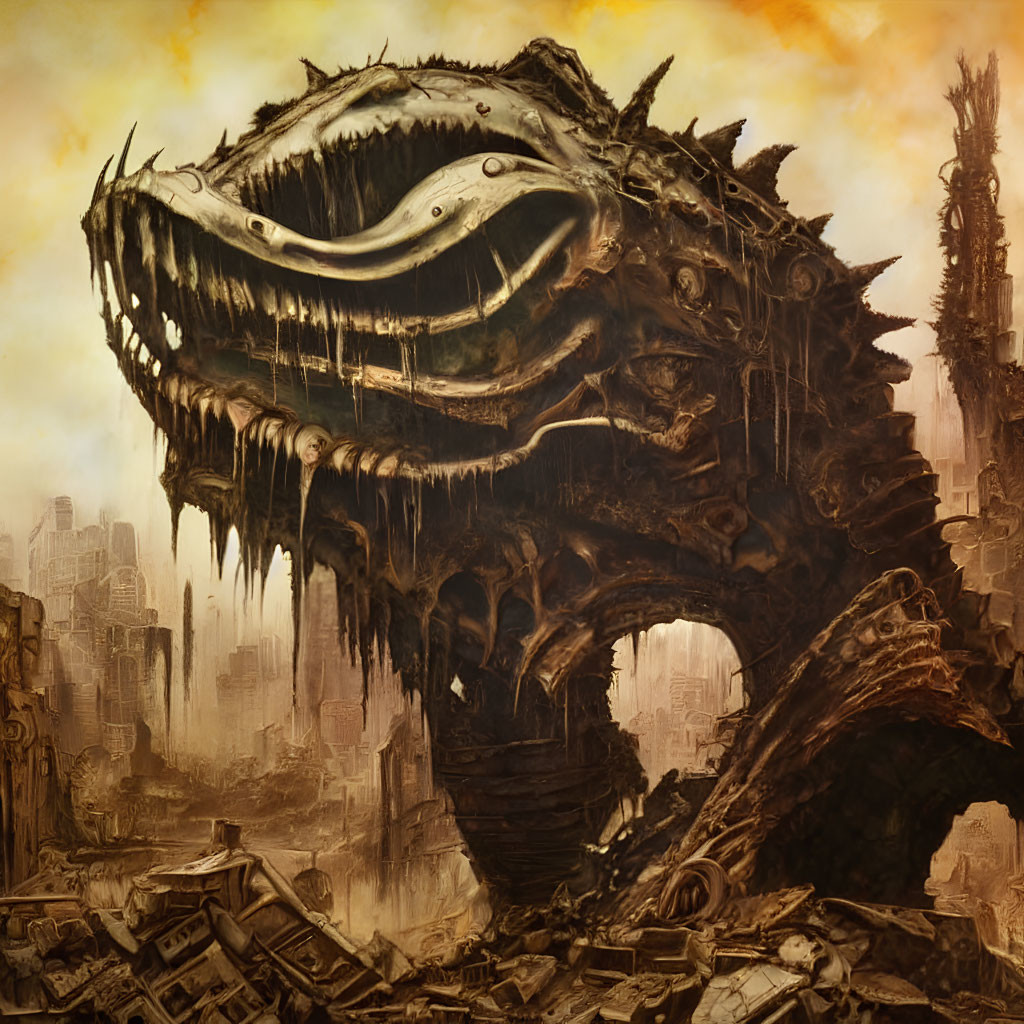 Gigantic dragon head over dystopian cityscape with sharp teeth.