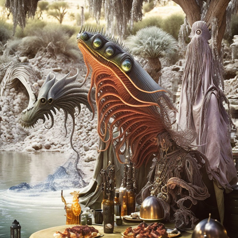 Fantastical creature with multiple eyes and tentacles at table by serene forest water