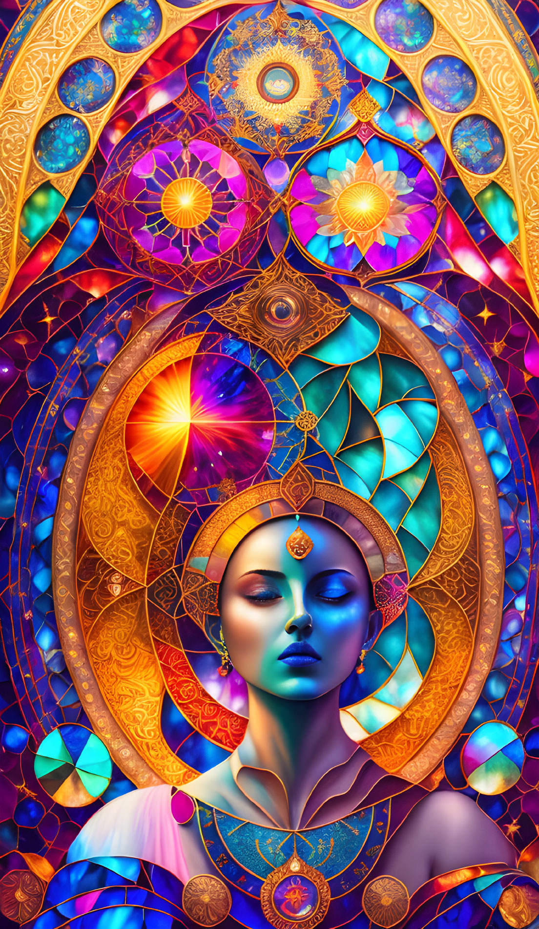 Colorful digital artwork: Stylized female figure with mandala patterns in blues, purples