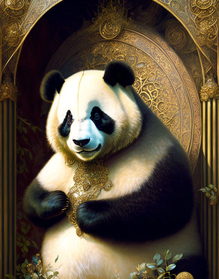 Regal panda holding golden emblem in ornate floral setting