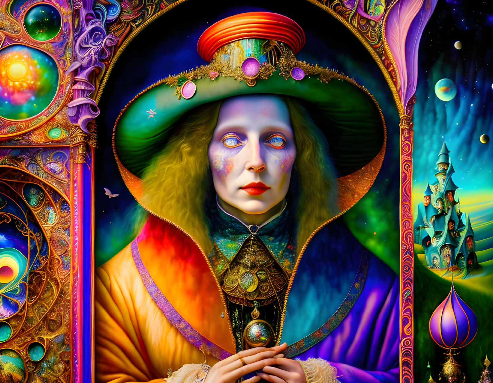 Colorful Psychedelic Portrait with Ornate Hat and Cosmic Background