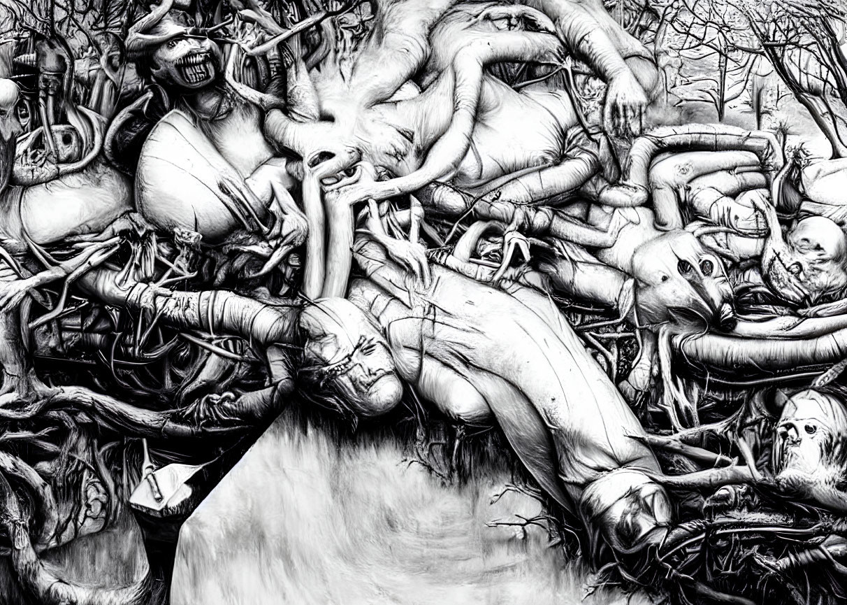 Monochromatic artwork of chaotic human figures and faces