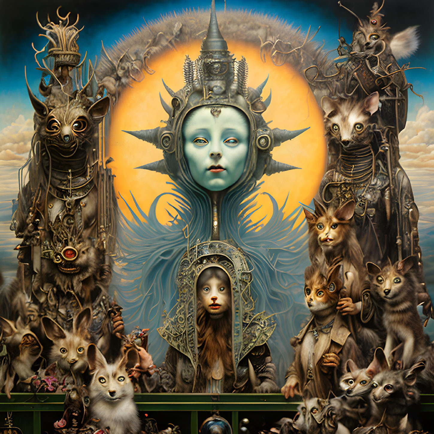 Surreal fantasy artwork: Blue face surrounded by armored cats in medieval setting.