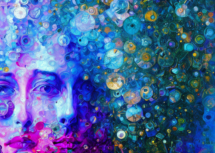 Colorful digital artwork: Woman's face merges with abstract circles in blue & purple