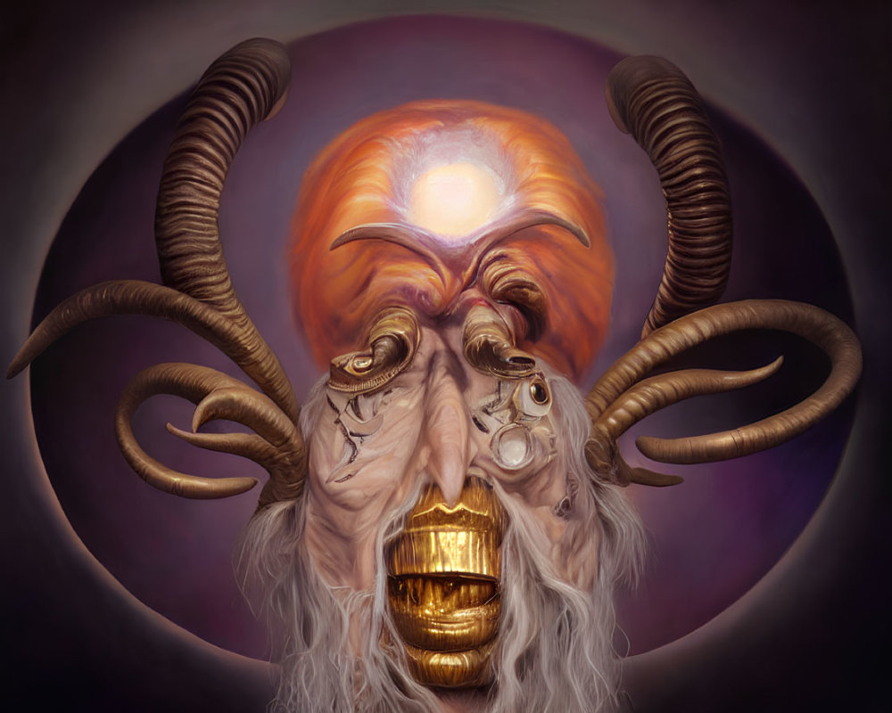 Surreal illustration of creature with ram-like horns and golden teeth